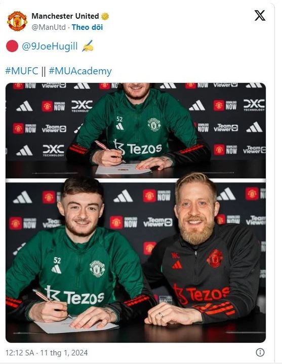 Trang chủ của Man Utd thông báo đội bóng ký hợp đồng mới với Joe Hugill.